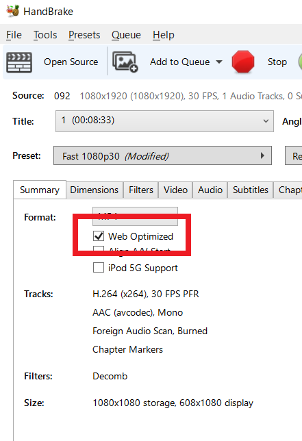 HandBrakeでWeb Optimaizedにより保存する