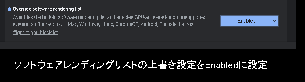 Google Chrome で Override software rendering list を enable に設定